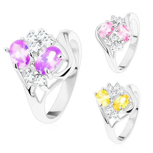 Inel cu brațe lucioase și despicate, ovaluri colorate, zirconii transparente - Marime inel: 55, Culoare: Roz