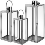Set 3 felinare decorative argintii Ruhhy, otel si sticla, 38/49/63 cm