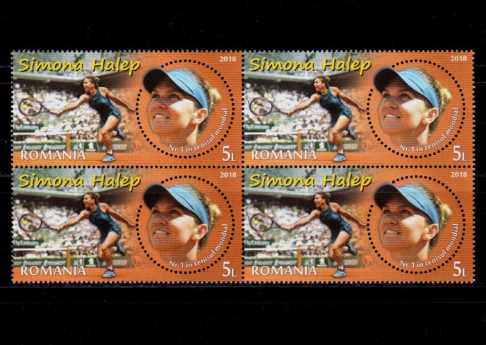 ✅RO 2018 ,LP 2209 ,&quot;Simona Halep , un campion de marca&quot;, bloc de 4 ,MNH