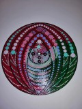 Mandala rotunda rotund bordo verde tablou pictat manual acrylic pictura puncte decor perete pe disc vinil diametru 25 cm