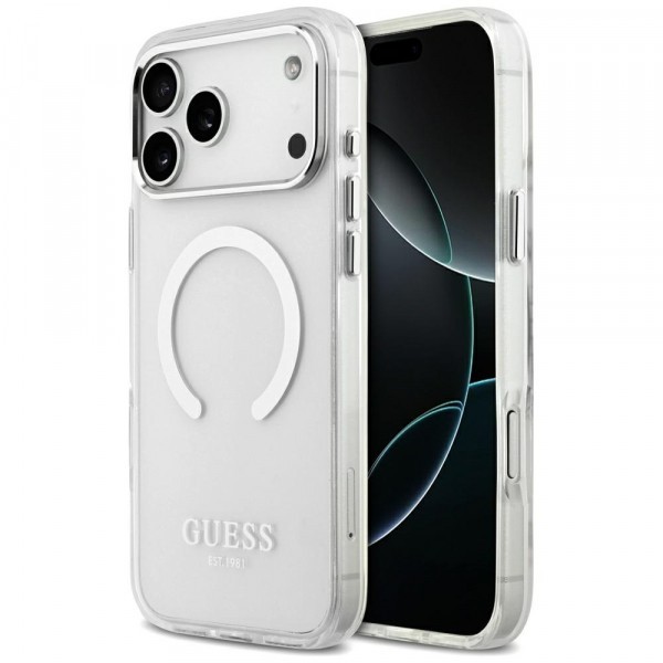 Husa MagSafe pentru Apple iPhone 17 Pro Max, Guess, Metal Outline, Argintie