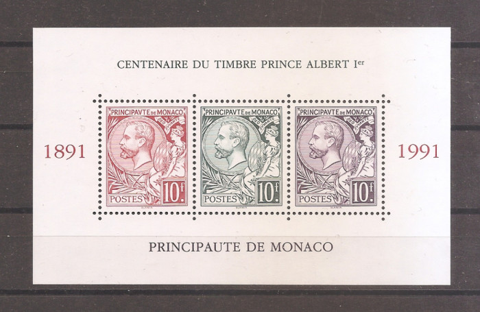 Monaco 1991 - 100 ani de timbre cu Princul Albert (colita), MNH