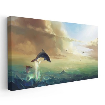 Tablou fantezie pictura delfin sarind in mare, albastru 1742 Tablou canvas pe panza CU RAMA 70x140 cm foto