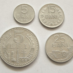 q155 SET COMPLET RSR ALUMINIU 5 + 15 + 25 BANI 1975 + 5 LEI 1978 FOARTE FRUMOASE