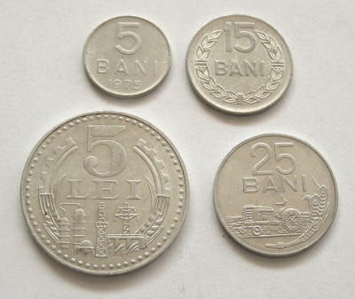 q155 SET COMPLET RSR ALUMINIU 5 + 15 + 25 BANI 1975 + 5 LEI 1978 FOARTE FRUMOASE foto