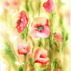 E106. Tablou original, Flori de veselie, acuarela pe hartie, neinramat, 21x29 cm