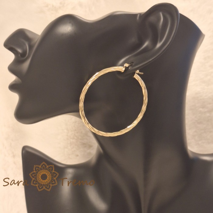 Cercei rotunzi Aur Impletit 5 cm, placati cu aur 18K