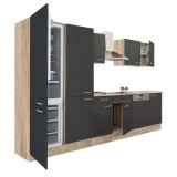 Mobilier de bucătărie Yorki 340, cu corp din stejar Sonoma, fațade antracit cu finisaj satinat, cu dulap cu rafturi și frigider cu congelator &icirc;n parte