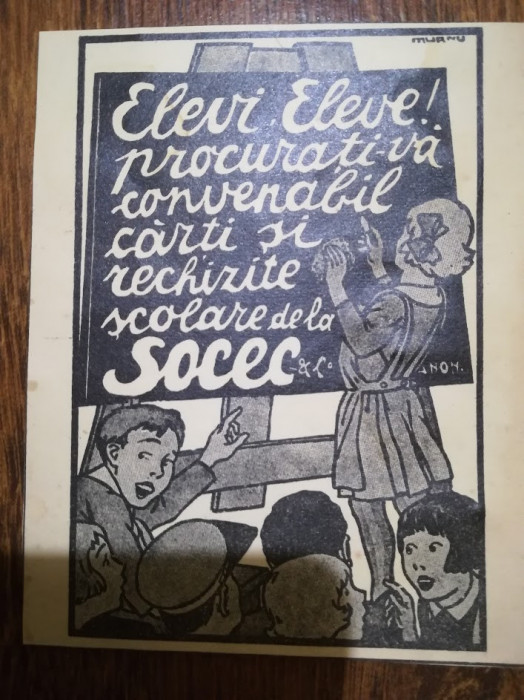 Reclamă Librăriile si rechizite SOCEC, interbelica, scoala elevi 11,5 x 9 cm