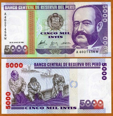 !!! PERU - 5000 INTIS 1988 - P 137 - UNC / Giesecke &amp;amp; Devrient foto
