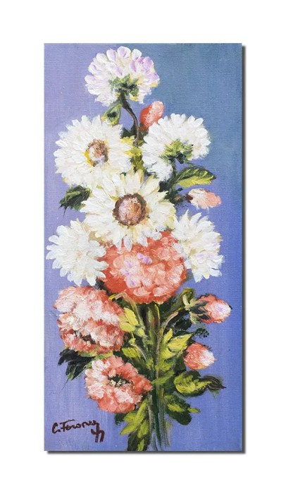 Tablou pictat manual hol, dormitor, living, Crizanteme, 40x20cm ulei pe panza, gata de agatat pe perete