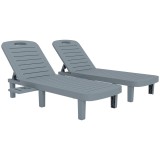 Outsunny Set de 2 șezlonguri, scaun lung cu tăvi retractabile, &icirc;nclinabil, suprafață cu efect de lemn 62 x 158 x 88 cm, gri | Aosom Romania