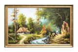 Tablou peisaj cu casa taraneasca langa rau, pictat manual inramat, 110x70cm ulei pe panza, Geo Ungureanu