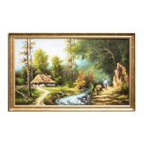Tablou peisaj cu casa taraneasca langa rau, pictat manual inramat, 110x70cm ulei pe panza, Geo Ungureanu
