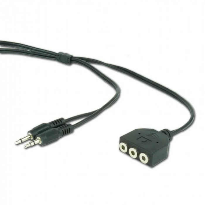 CABLU audio GEMBIRD Splitter stereo (2 x 3.5 mm jack T la 3 x 3.5 mm jack M; permite conectarea boxelor si castilor in acelasi timp) 1m negru &amp;quot;CC