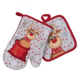 Set Crăciun, Mănușă și șervet de Bucătărie, Ren, Roșu/Gri, 2 Bucăți, Oem