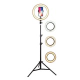 Lampa LED Circulara cu Trepied Metalic Extensibil, Flippy, Lungime Extensie 210 cm, Diametru Lampa 26 cm, Conectare USB, Telecomanda, 3 Trepte de Lumi
