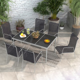 Outsunny Set de Grădină cu Masă Dreptunghiulară din Sticlă și 6 Scaune Stivuibile, Lounge de Grădină din Oțel și Textile, 150x90x72 cm, Negru