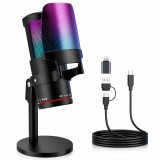 Cumpara ieftin Microfon Profesional USB cu Brat Ajustabil, Cardioid, Reducere Zgomot, Mute, Control Volum, RGB, Streaming, Gaming, Podcast, Negru