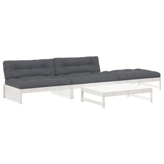 Set mobilier de gradina cu perne, 4 piese, alb, lemn masiv