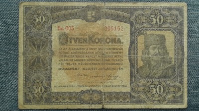 50 Korona 1920 Ungaria / R&amp;aacute;k&amp;oacute;czi Ferenc / seria 205152 / tiparita in Elvetia foto