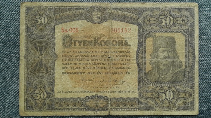 50 Korona 1920 Ungaria / R&aacute;k&oacute;czi Ferenc / seria 205152 / tiparita in Elvetia
