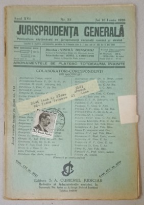 JURISPRUDENTA GENERALA , PUBLICATIUNE SAPTAMANALA DE JURISPRUDENTA REZUMATA ROMANA SI STREINA , NR.22 , 1938 foto