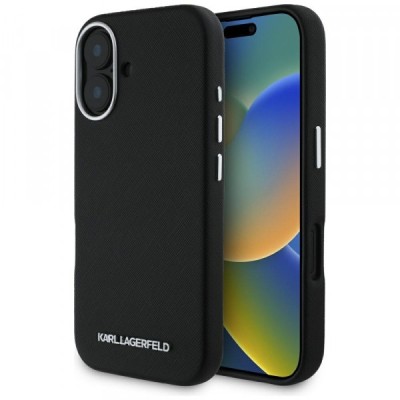 Husa MagSafe pentru Apple iPhone 16, Karl Lagerfeld, Saffiano Full Wrapped Elongated Metal Logo, Neagra foto