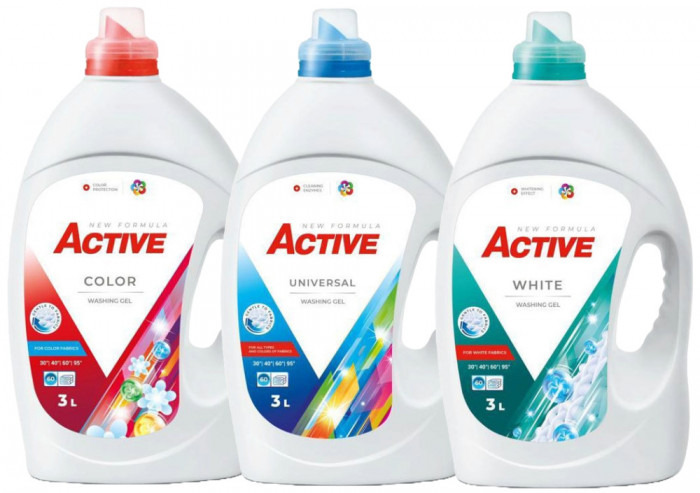 Detergent lichid pentru rufe albe + colorate + universal Active, 3 x 3 litri, 180 spalari