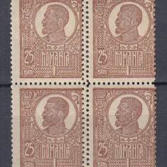 ROMANIA 1919/22 LP 72 REGELE FERDINAND 25 BANI DANTELURA DUBLA BLOC 4 TIMBRE MNH