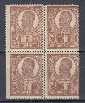 ROMANIA 1919/22 LP 72 REGELE FERDINAND 25 BANI DANTELURA DUBLA BLOC 4 TIMBRE MNH foto