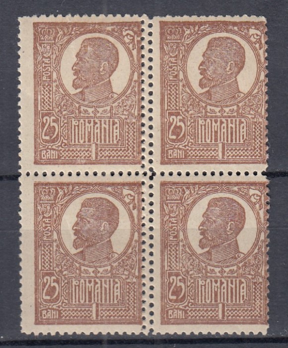 ROMANIA 1919/22 LP 72 REGELE FERDINAND 25 BANI DANTELURA DUBLA BLOC 4 TIMBRE MNH