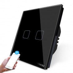 Intrerupator dublu WiFi cu touch Cnskou, panou tactil de sticla cristal, negru foto