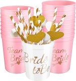 Set de 16 pahare cu paie Bride To Be, plastic, alb/roz/auriu, 450 ml