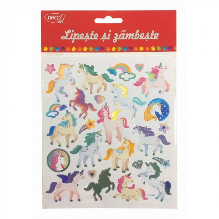 Abtibilduri DACO Lipeste si Zambeste, Model Unicorni, Multicolor, 27 Buc/Set, Autocolante Copii, Stickere Decorative, Stickere pentru Copii, Abtibildu