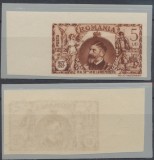 ROMANIA 1927 Cincantenarul Independentei eroare sau eseu rarisim cu valoare nominala 5 lei brun nedantelat colt de coala MNH