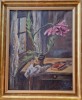 Ghiveci cu floare, pictură veche semnată cu acronim, datată 1945, Flori, Ulei, Impresionism