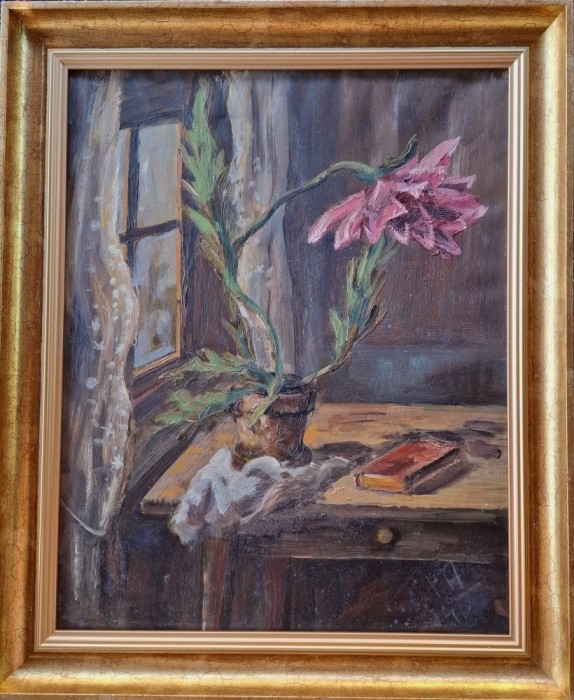 Ghiveci cu floare, pictură veche semnată cu acronim, datată 1945