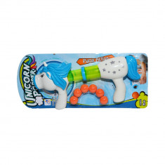Blaster de jucarie Unicorn Pop - Pomp Action cu 6 bile, alb-albastru foto