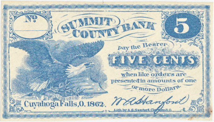1862, 5 Cents (OH-S-880) - Cuyahoga Falls, Ohio - SUA - stare CU