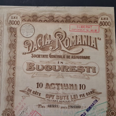 Actiune 1920 soc. de asigurari Dacia - Romania , titlu 10 actiuni nominative