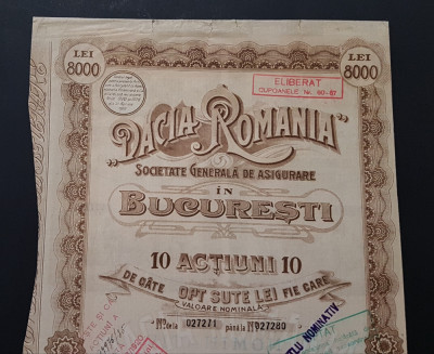 Actiune 1920 soc. de asigurari Dacia - Romania , titlu 10 actiuni nominative foto