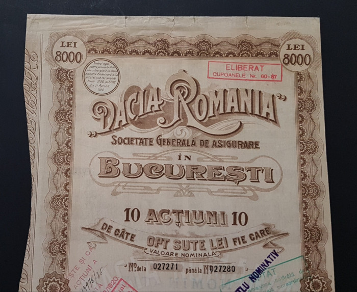 Actiune 1920 soc. de asigurari Dacia - Romania , titlu 10 actiuni nominative
