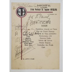 BANCHETUL IN ONOAREA PROF. DR. INGINER WYSSLING , MENIU SEMNAT DE PARTICIPANTI , 14 OCTOMBRIE , 1928