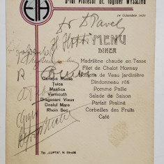 BANCHETUL IN ONOAREA PROF. DR. INGINER WYSSLING , MENIU SEMNAT DE PARTICIPANTI , 14 OCTOMBRIE , 1928