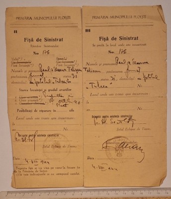 Fișă de sinistrat Primăria Ploiești &amp;ndash; august 1944 &amp;ndash; document original WWII &amp;ndash; cu ștampilă și semnături foto