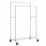 SONGMICS Suport haine cu 2 bare si raft, cu roti, cadru metalic, design industrial, 100x59x162 cm, alb Household NewTrend