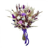 Buchet evantai cu mix de flori naturale uscate, trandafiri si bumbac , alb-mov, ideal pentru nasa, cununie civila sau cadou, Eventissimi&reg;