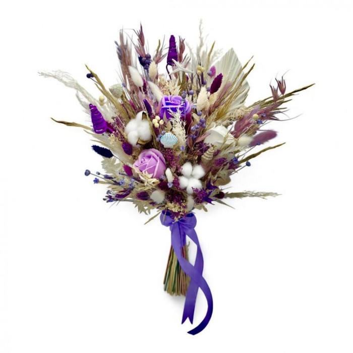 Buchet evantai cu mix de flori naturale uscate, trandafiri si bumbac , alb-mov, ideal pentru nasa, cununie civila sau cadou