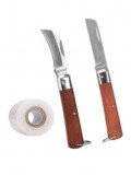 Set 2 Cutite profesionale pentru altoit, manere lemn, lama dreapta si lama curbata, otel carbon plus rola Banda altoit, Oem